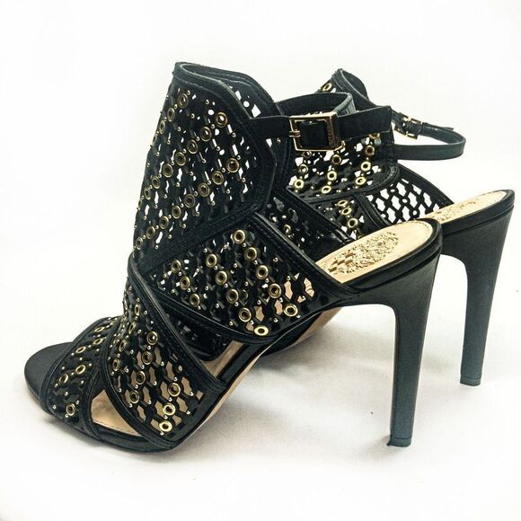 Vince Camuto Korthina Black Leather Lattice Gold Grommet Slingback Heels Sz 9.5M - Picture 8 of 12